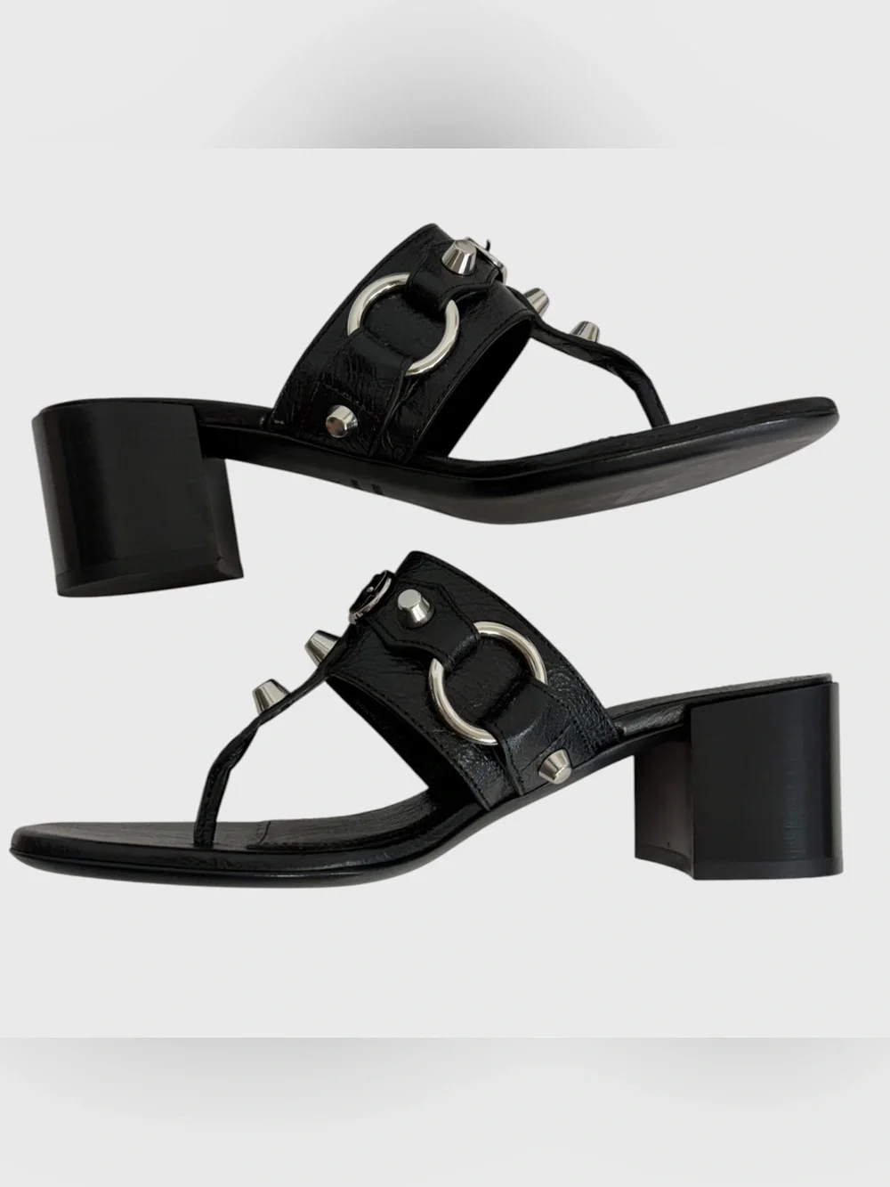 Balenciaga NEW Black Lamb Leather Silver Studded City Heeled Sandals Size 38 - Picture 5 of 15